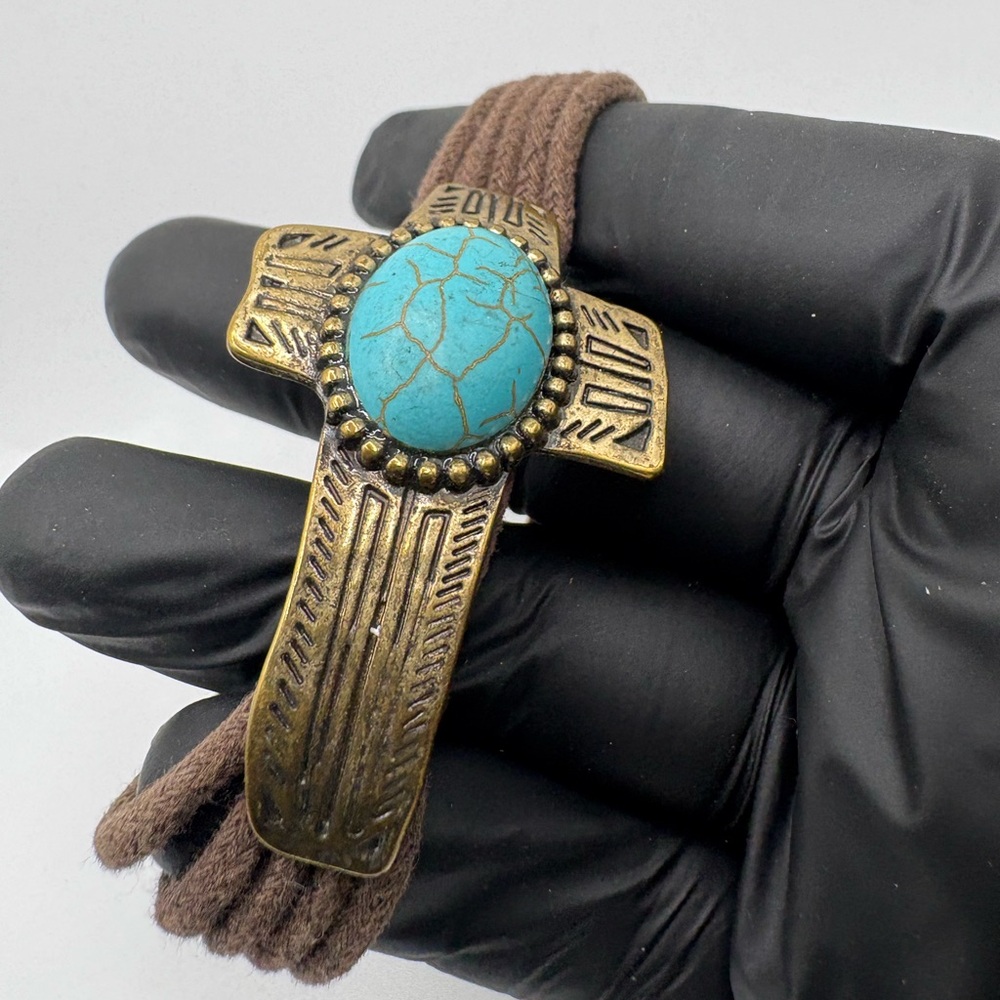 Western Boho Cross Bracelet w/ Faux Turquoise Stone & Brown Cord Vintage Style